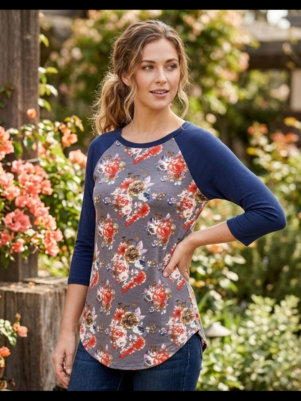 Cool Melon Floral Raglan Baseball Tee 3/4 Sleeve Curved Hem Boutique Top Small